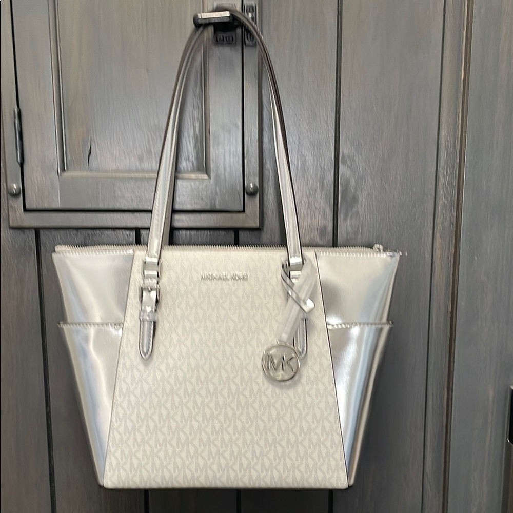 Michael Kors Silver and Cream Tote Bag